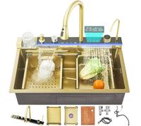 Ribanedy 68 cm Fregadero de cocina inteligente de acero inoxidable 304 Dorado, fregadero en cascada moderno multifuncional con grifo integrado con pantalla digital, lavavasos y juego de accesorios