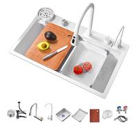 Ribanedy 68 x 45 cm Fregadero de cocina en cascada Blanco, fregadero moderno multifuncional de acero inoxidable de una cubeta con grifo rociador abatible y accesorios