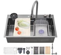 Ribanedy 76 x 50 cm Fregadero de cocina en cascada gris oscuro, fregadero moderno multifuncional de acero inoxidable de una cubeta con grifo rociador abatible y accesorios)