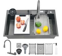 Ribanedy Negro-Gris Multifunción Fregadero de Cocina Cascada, 86 x 46 cm, Acero Inoxidable Moderno, Fregadero Cocina 1 Seno con Grifo Extraíble, Lavacopas y Accesorios