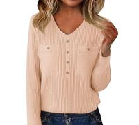 Ribbed Sweaters for Women V Neck Long Sleeve Pullover Tops Cozy Soft Warm Fashion Business Casual Button Polo Sweater