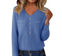 Ribbed Sweaters for Women V Neck Long Sleeve Pullover Tops Cozy Soft Warm Fashion Business Casual Button Polo Sweater