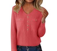 Ribbed Sweaters for Women V Neck Long Sleeve Pullover Tops Cozy Soft Warm Fashion Business Casual Button Polo Sweater