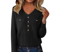 Ribbed Sweaters for Women V Neck Long Sleeve Pullover Tops Cozy Soft Warm Fashion Business Casual Button Polo Sweater