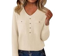 Ribbed Sweaters for Women V Neck Long Sleeve Pullover Tops Cozy Soft Warm Fashion Business Casual Button Polo Sweater