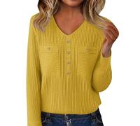 Ribbed Sweaters for Women V Neck Long Sleeve Pullover Tops Cozy Soft Warm Fashion Business Casual Button Polo Sweater