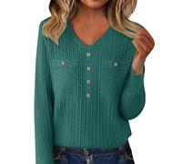 Ribbed Sweaters for Women V Neck Long Sleeve Pullover Tops Cozy Soft Warm Fashion Business Casual Button Polo Sweater