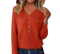 Ribbed Sweaters for Women V Neck Long Sleeve Pullover Tops Cozy Soft Warm Fashion Business Casual Button Polo Sweater