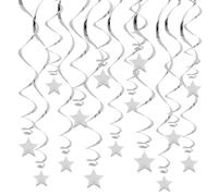 RIBBOOO Hanging Reflective Star Paper Garland, 15 PCS Silver Star Glitter Garland Streamer for Graduation Wedding Baby Shower Decorations, Pack of 15