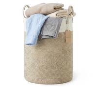 Ribech Cesta para Ropa en Cuerda Trenzada, 58L Gran Cesta de Almacenamiento - Dos Tostados Marrón & Blanco, con Asas para Dormitorio, Salón & Cuarto Infantil (38x38x50 cm)