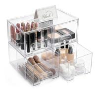 Ribech Juego de 4 Cajas con Cajón Apilables Transparentes - Organizadores de Acrílico Reforzado, con Asas y Patas de Silicona, para Cocina, Baño, Nevera, Estantería