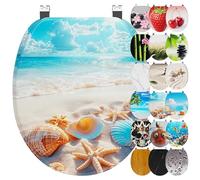 Ribelli Asiento de inodoro con dispositivo de descenso automático, tapa de inodoro en forma de O en muchos diseños, fácil de montar, fácil de limpiar, aprox. 46 x 37 cm (playa mar)