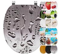 Ribelli Asiento de inodoro con dispositivo de descenso automático, tapa de inodoro en forma de O en muchos diseños, fácil montaje, fácil de limpiar, aprox. 46 x 37 cm (gotas de agua gris)