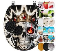 Ribelli Asiento de inodoro con dispositivo de descenso automático, tapa de inodoro en forma de O, en muchos diseños, fácil de montar, fácil de limpiar, aprox. 46 x 37 cm - "Rose Skull King"