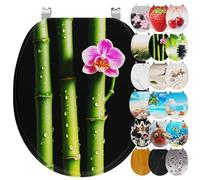 Ribelli Asiento de inodoro con dispositivo de descenso automático, tapa de inodoro en forma de O, en muchos diseños, fácil de montar, fácil de limpiar, aprox. 46 x 37 cm (diseño de bambú verde)