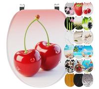 Ribelli Asiento de inodoro con dispositivo de descenso automático, tapa de inodoro en forma de O, en muchos diseños, fácil montaje, fácil de limpiar, aprox. 46 x 37 cm (cerezas)