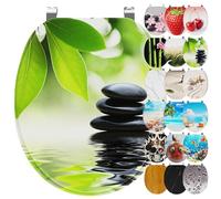 Ribelli Asiento de inodoro con dispositivo de descenso automático, tapa de inodoro en forma de O, en muchos diseños, fácil de montar, fácil de limpiar, aprox. 46 x 37 cm (piedra de hoja verde)