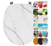 Ribelli Asiento de inodoro con dispositivo de descenso automático, tapa de inodoro en forma de O, en muchos diseños, fácil montaje, fácil de limpiar, aprox. 46 x 37 cm (mármol blanco)