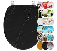 Ribelli Asiento de inodoro con dispositivo de descenso automático, tapa de inodoro en forma de O en muchos diseños, fácil montaje, fácil de limpiar, aprox. 46 x 37 cm (mármol negro)