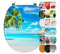 Ribelli Asiento de inodoro con dispositivo de descenso automático, tapa de inodoro en forma de O, en muchos diseños, fácil montaje, fácil de limpiar, aprox. 46 x 37 cm (palmera mar)