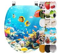 Ribelli Asiento de inodoro con dispositivo de descenso automático, tapa de inodoro en forma de O en muchos diseños, fácil de montar, fácil de limpiar, aprox. 46 x 37 cm (pez océano)