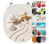 Ribelli Asiento de inodoro con dispositivo de descenso automático, tapa de inodoro en forma de O en muchos diseños, fácil montaje, fácil de limpiar, aprox. 46 x 37 cm (playa de conchas)