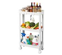Ribelli Carrito de cocina de 3 niveles, estrecho, estante de cocina con ruedas, estante de nicho con 8 ganchos, carrito de plástico para baño, cocina, oficina, color blanco