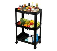 Ribelli Carrito de cocina de 3 niveles, estrecho, estante de cocina con ruedas, estante de nicho con 8 ganchos, carrito de plástico para baño, cocina, oficina, color negro