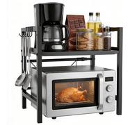 Ribelli Estantería Extensible para microondas de 2 Niveles, de Acero Inoxidable, con 3 Ganchos, Soporte para microondas para encimera, Estante de Almacenamiento para panadería, Color Negro