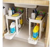 Ribelli Juego de 2 organizadores de cocina, organizador con cajón extensible, 40 x 22 x 33,8 cm, organizador para armario con 8 ganchos, almacenamiento para cocina y baño, color blanco