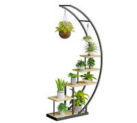 Ribelli Soporte de metal para plantas de 5 niveles en forma de media luna, 172 cm, estantería para plantas con 5 estantes y ganchos, soporte alto para plantas, escalera con protección antivuelco para