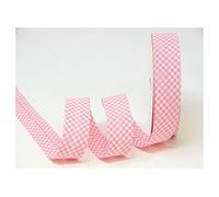 Ribete para bies de color rosa y blanco. 25 mm x 5 m. Bebé, niña, cortar, coser, mercería, banderines, manualidades, acolchado, patchwork, etc. Embalaje de la marca Queen en cinta baby pink gingham