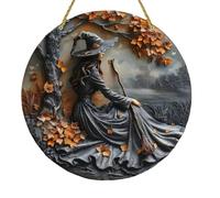 Ribili Witching Hour, Halloween Door Hanging Signs, Wooden Witch Wall Decor Round Sign for Front Door, Home, Party & Outdoor Decoration (C,30 * 30 cm)