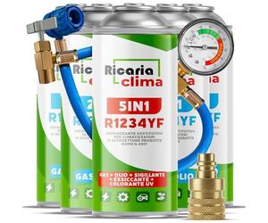 Ricaria Clima - Kit de Recarga de Aire Acondicionado R1234yf - Fluido refrigerante 5 en 1 XL con Aceite, sellador, colorante UV y deshidratante + 4 x Gas de Recambio R1234yf con Aceite de 235 g