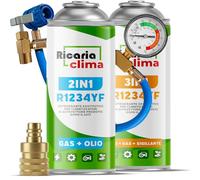 Ricaria Clima - Kit de Recarga de Aire Acondicionado sustituto R1234yf con Gas sustituto R1234yf 3 en 1 - 2 x 235 g con Manguera, manómetro y Adaptador AZ - Aire Acondicionado para automóviles - Eco