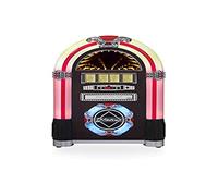 Ricatech RR792, Reproductor de CD Retro tocadiscos, Radio AM / FM, Soportes de mini estantes para vellonera, SD y USB, Entrada de línea AUX, 5 luces LED que cambian de color, Color cereza