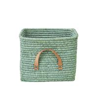 RICE - Cesta pequeña de rafia cuadrada con asas de cuero - Menta
