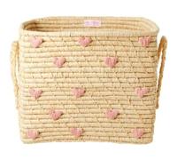 RICE - Pequeña cesta cuadrada de rafia con asas de rafia - corazones rosados