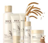 Rice Skincare Set - Set de cuidado facial coreano de 5 piezas para cuidado facial de Rice, juego de cuidado facial para la piel, set de belleza y regalo para mujeres con limpiador, tóner de arroz
