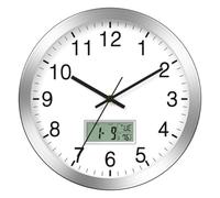 Richeyty Reloj de Pared de 12 Pulgadas con Fecha Digital, Semana, Temperatura Interior, Reloj de Pared Que Funciona con Pilas, Acabado Cepillado Plateado, Fácil de Leer