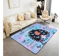 richhome Alfombra para sala de estar de niña negra, 100 x 150 cm, para niños y niñas, con citas inspiradoras para niños, princesas negras, alfombra decorativa con mariposas moradas, decoración de