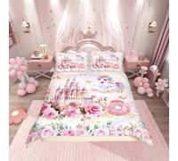 richhome Bonita funda de edredón doble de unicornio para niños, decoración de dormitorio de arcoíris rosa para niñas, juego de ropa de cama floral de carruaje de castillo de dibujos animados, manta de