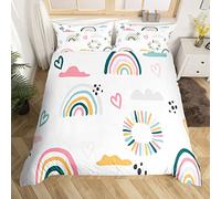 richhome Juego de funda de edredón para niñas, diseño de arcoíris y corazones rosados, decoración de nubes, juego de ropa de cama con diseño de rayas kawaii y lunares, color blanco, 2 piezas, tamaño