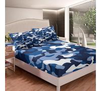 richhome Juego de sábanas bajeras de camuflaje azul para niñas y niños, tamaño King, decoración de habitación, estilo militar, patrón disruptivo, vintage, abstracto, geométrico, transpirable, suave, 3