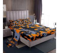 richhome Juego de sábanas bajeras de camuflaje naranja, tamaño King, para niños y niñas, decoración de estilo militar, patrón geométrico abstracto, transpirable, suave, decoración de dormitorio, 4