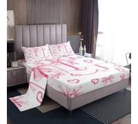 richhome Juego de sábanas con lazo rosa, tamaño doble, letra inicial U, bolsillo profundo, sábana bajera ajustable con lazo del alfabeto, juego de ropa de cama suave, 4 piezas con 2 fundas de almohada
