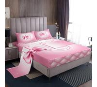 richhome Juego de sábanas con lazo rosa, tamaño individual, con letra U inicial, para niños y niñas, princesa, con purpurina, sábana bajera ajustable de microfibra transpirable, suave y ligera