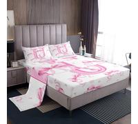 richhome Juego de sábanas con lazo rosa, tamaño individual, letra inicial U, bolsillo profundo, sábana bajera ajustable con lazo del alfabeto, juego de ropa de cama suave, 3 piezas con 1 funda de