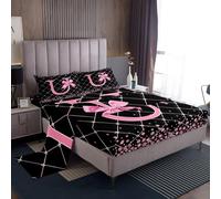 richhome Juego de sábanas con lazo rosa, tamaño King, juego de cama con letra inicial U, princesa con purpurina, bolsillo profundo, sábana bajera ajustable, con lazo, alfabeto, transpirable, suave