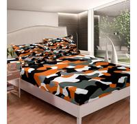 richhome Juego de sábanas de camuflaje naranja para niños, sábana bajera ajustable, estilo militar, patrón disruptivo, vintage, abstracto, geométrico, para decoración de habitación, suave, con 1 funda